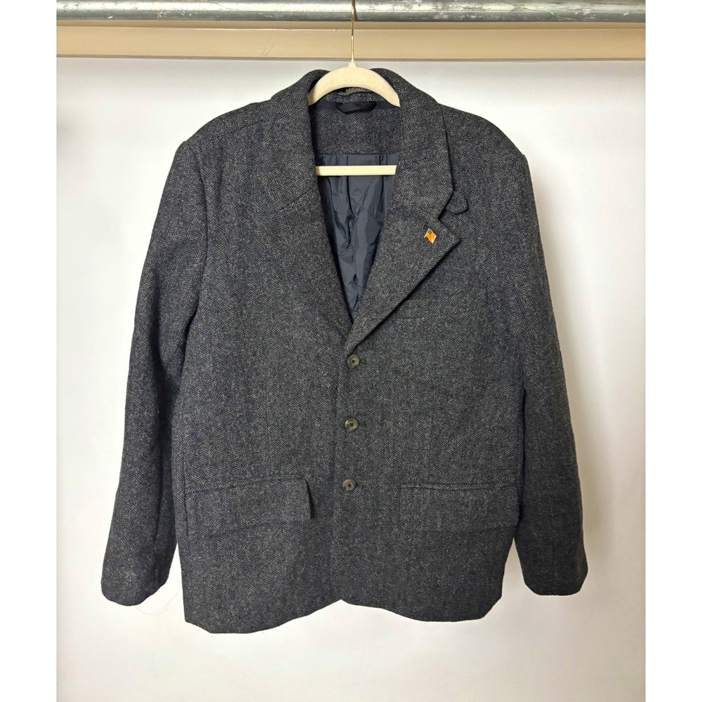 L.L. Bean Mens 38S Charcoal Herringbone Shetland Wool Tweed Blazer Elbow Patches
